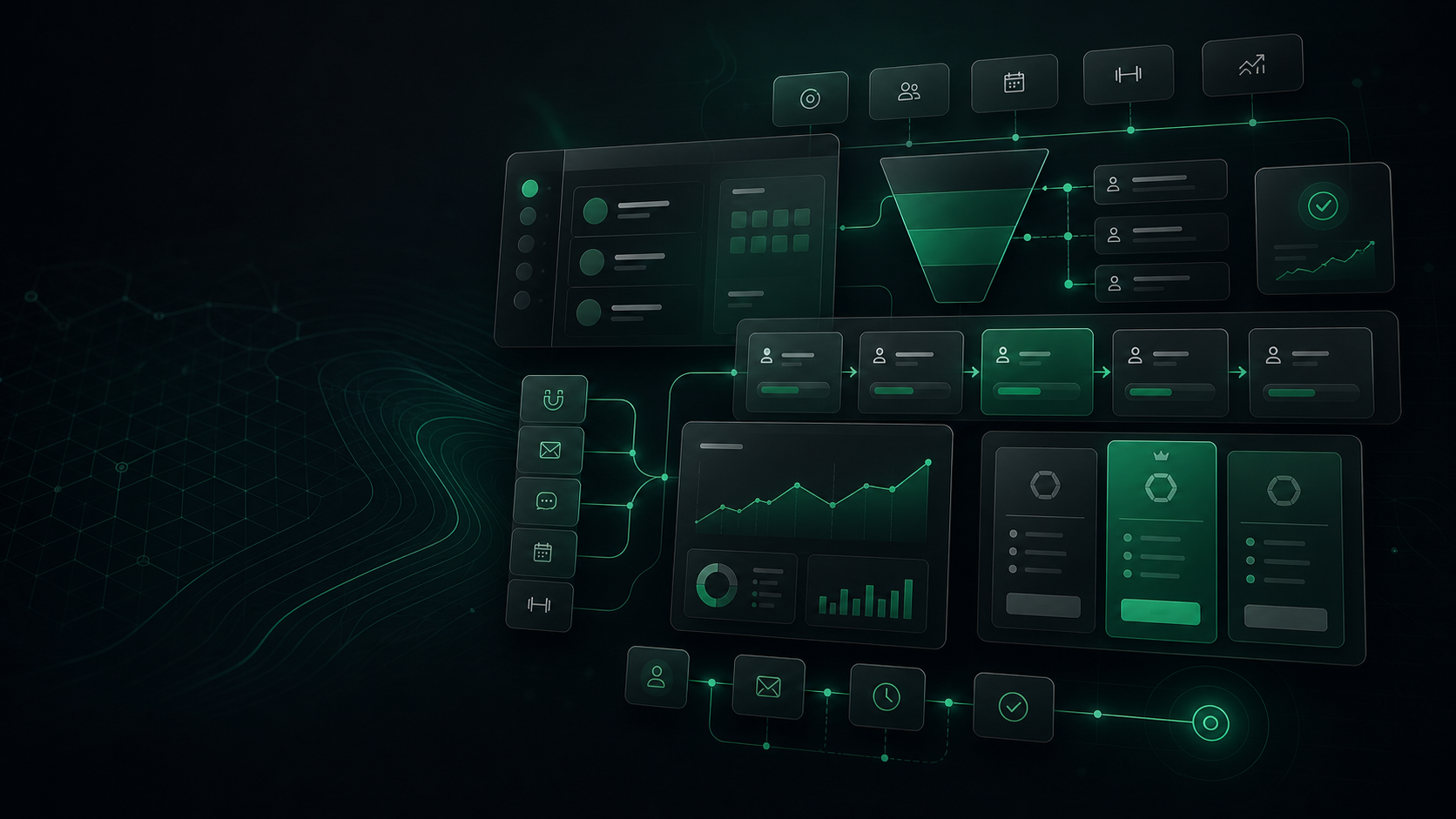 Tmavý emerald vizuál pracovního systému s kartami nabídky, pricingu, CRM a funnelu pro Playbook Starter.